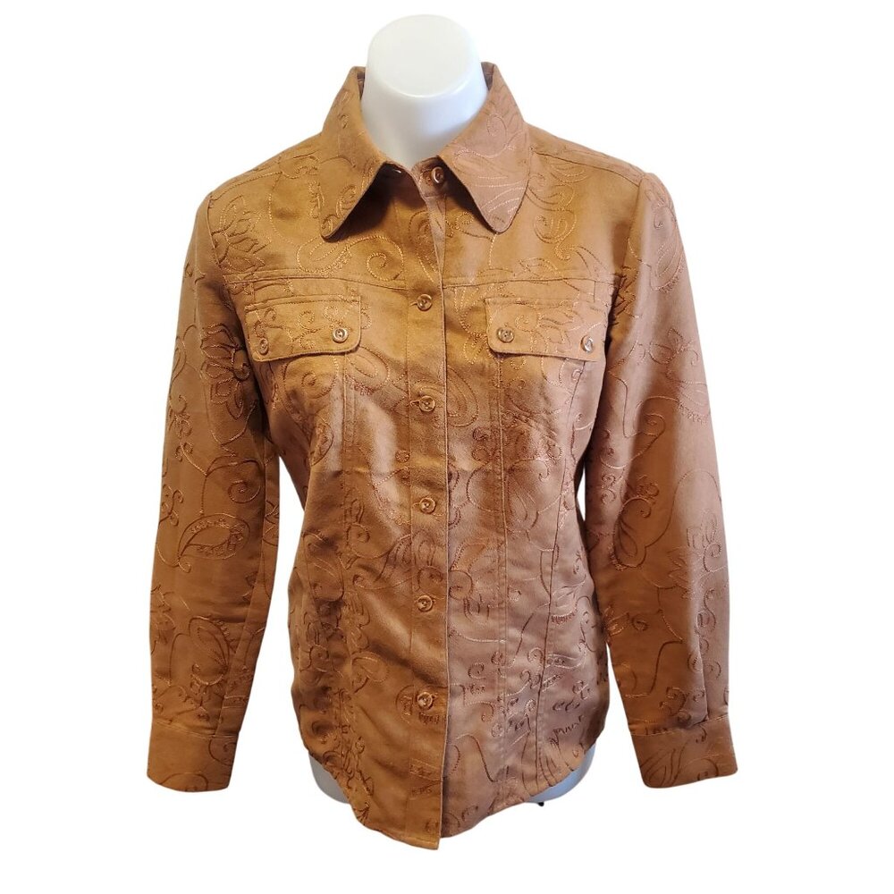 Chico's Faux Suede Western Embroidery Long Sleeve Paisley Shirt Boho Small
